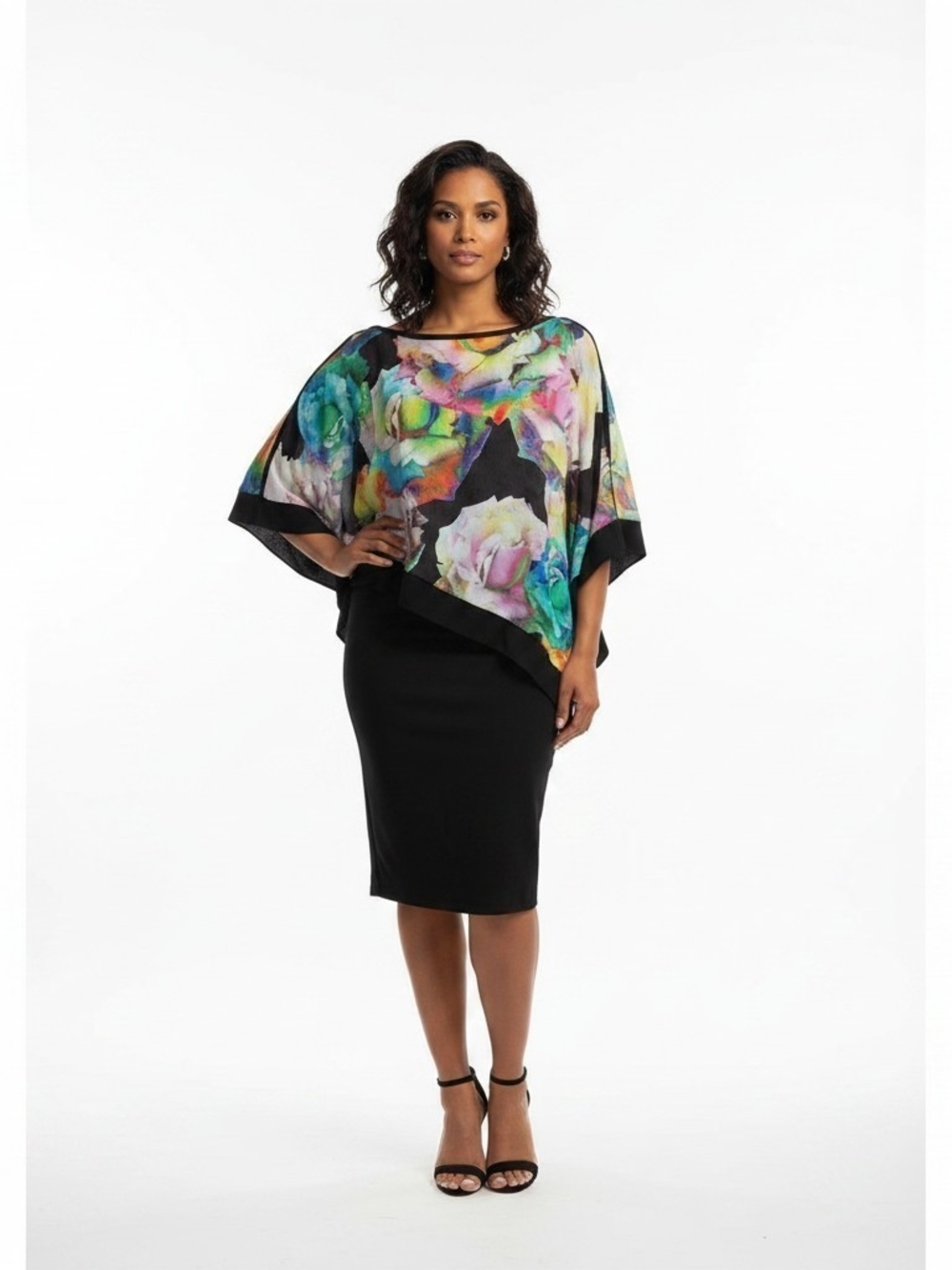 Joseph Ribkoff Floral Poncho Overlay Sheath Dress Black Floral Size 8